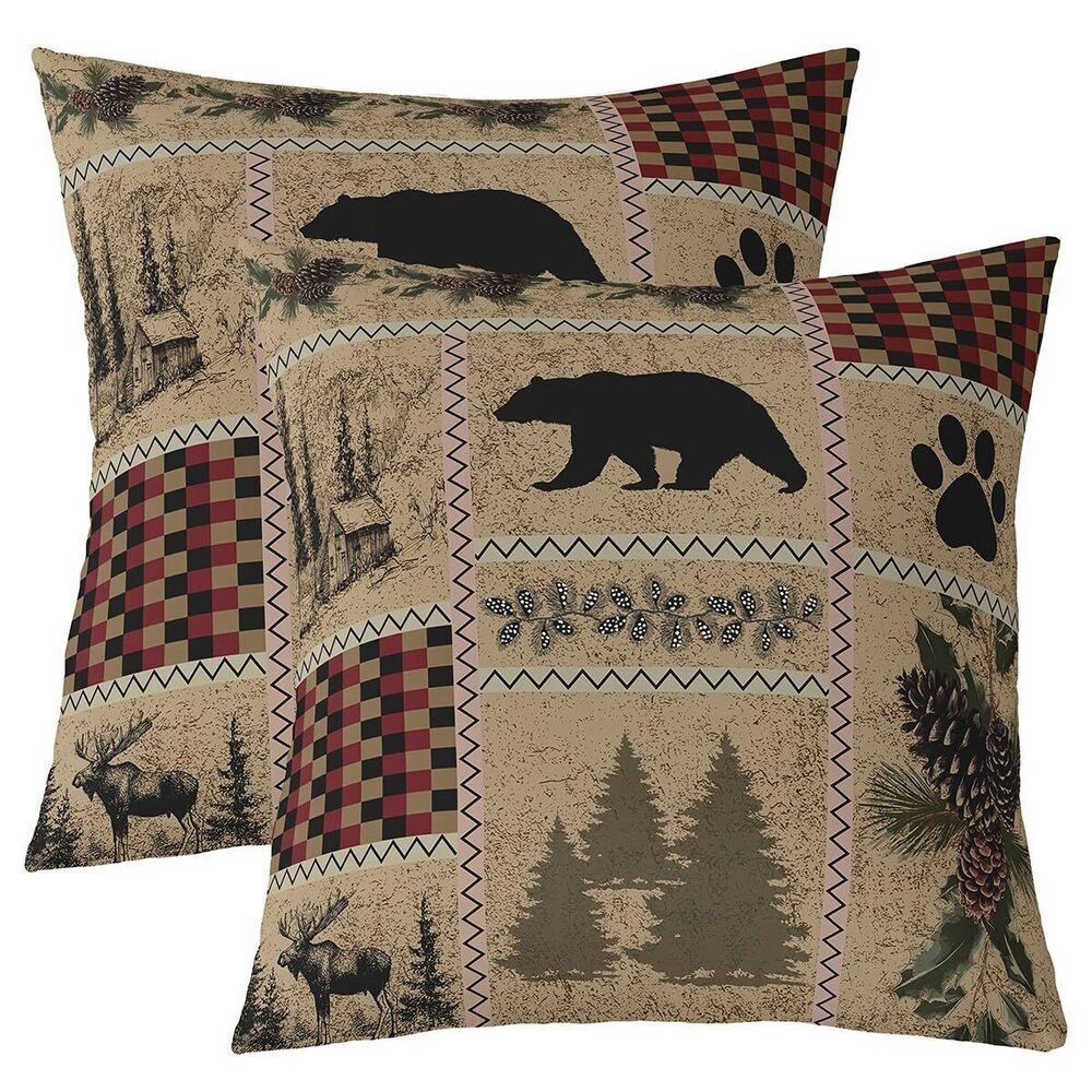 8953 Set of 2 Bear Throw Pillow Covers, Rustic Cabin Wild Animal Cushion